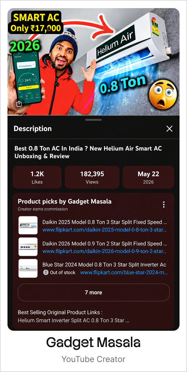 Gadget Masala's YouTube review of the Helium Air 0.8 ton smart AC, YouTube Creator