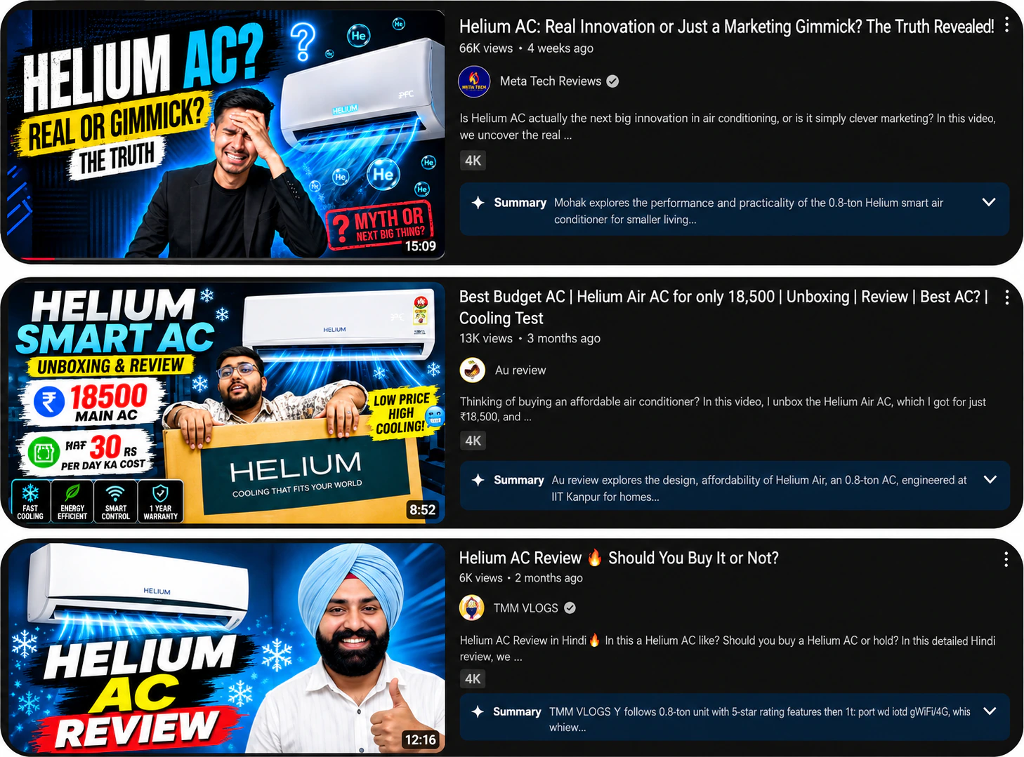 YouTube reviews of the Helium AC by independent creators